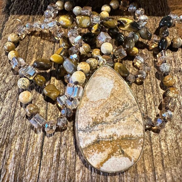 Bohemian Natural Stone Glass Knot Pendant Necklace | Gift Box Included - Picture 1 of 7